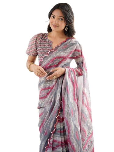 Image of Satrani Women's Georgette Printed & Mirror Work Saree with Unstitched Blouse Piece