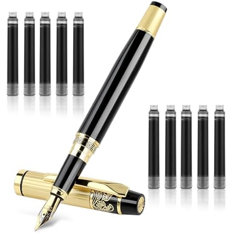 Andibro Metal Fountain Pens, With 10 Black Ink 2.6mm Cartridges, 0.5mm Luxury Fine Point Fountain Pen Business Pen Smooth Writing Stainless Steel Pen Calligraphy Pen for Office School Supplies(Black) Cover