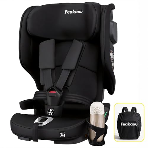 Feakaou Toddler Car Seat - Travel Foldable Isofix Baby Car Seat 15 Months - 12 Years 76-150cm Narrow Portable and Lightweight Side Impact Protection & Travel Bag & Cupholder Black