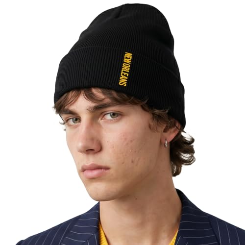 Daxton Vertical USA Cities Cuffed Beanie, Winter Knit Hat, Skully Cap for Men, Women, New Orleans Black Gold