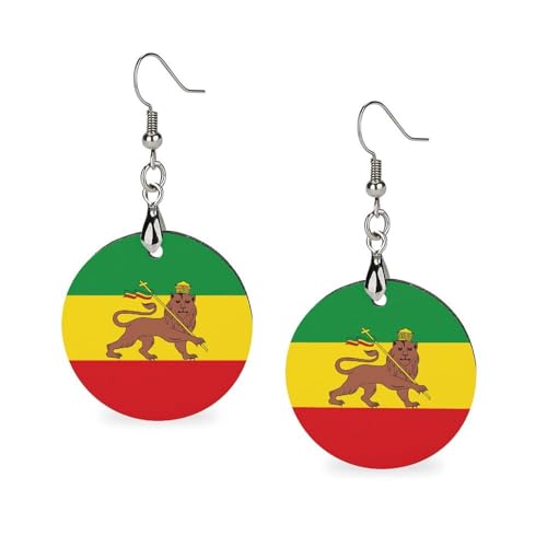 Pendientes de madera con bandera de león rastafari etíope para mujer, aretes redondos bohemios, regalos personalizados