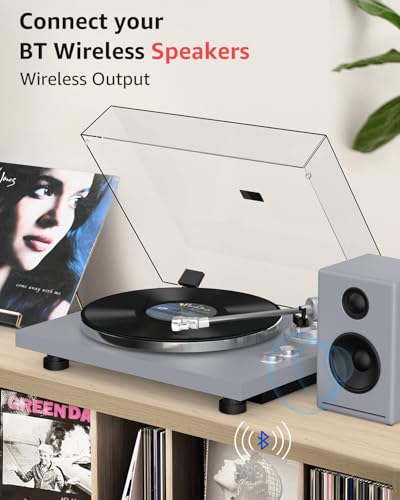 Image of Turntable Record Player Wireless Output Carbon Fiber Tonearm Vinyl Player Aluminium Platter Belt-Drive LP Turn Tables 33 1 /3&45 RPM Phono Level Audio RCA Line Output AT-3600L MM Cartridge Grey