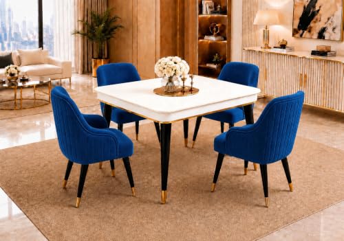 Image of WOODEN SPACE 4 Seater Wooden Dining Table Set | Urban Marble Top Dining Table with Chairs for Dining Room & Kitchen (Modern Zyro Navy Blue) (42 x 42 x 30 inch)