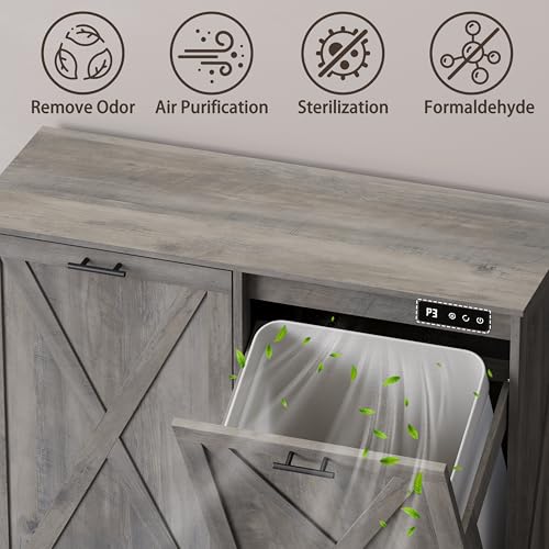 Image of Double Tilt Out Trash Can Cabinet, Wooden Farmhouse Kitchen Garbage Bin Enclosure with Negative Ion Odor Control, Hidden Dog Proof Trash or Laundry Basket Storage for Laundry Room, Grey