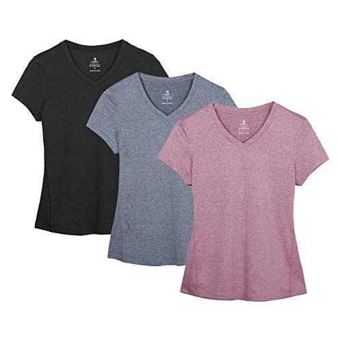 icyzone Camiseta de Deportiva de Manga Corta para Mujer, Pack de 3 (XL, Negro/Azul Marino/Rosa Vino)