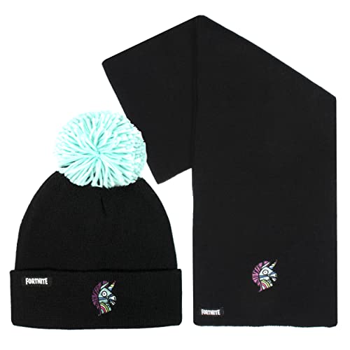 Fortnite - Conjunto de Gorro y Bufanda Infantil - Gorro y Guantes de Lana Negros - Diseño Llama Talla Única para 6-12 Años - Mercancía Oficial