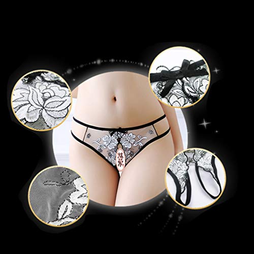 Amosfun calcinha fio dental feminina de nylon transparente de lã aberta azul, Preto, M