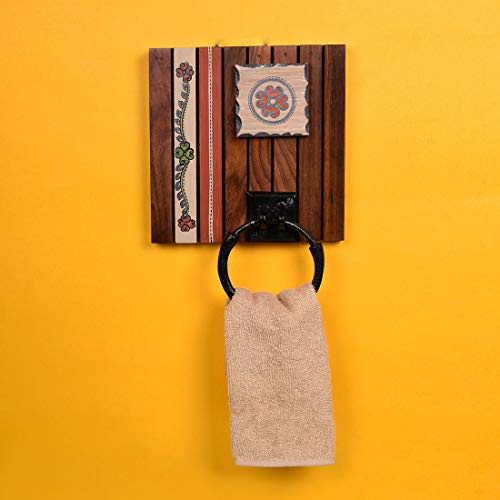 Image of Aakriti Art Creations Floral Art Wooden Towel Holder | Handcrafted Wooden | Matte Finish Natural Brown Wall Mounted Towel Holder for Bath & Wash Area