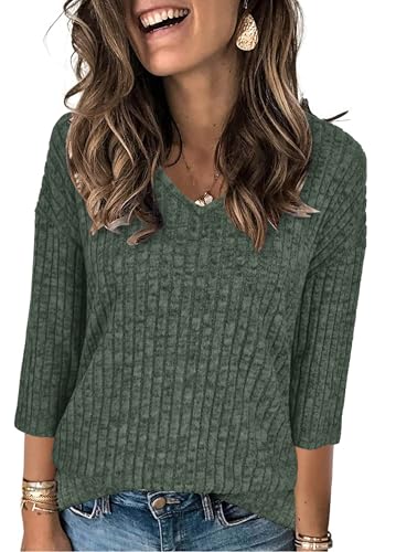 JomeDesign Womens Sweaters V Neck 3/4 Sleeve Shirts Dressy Casual Blouses Loose Fit Tunic Tops Fall Fashion2