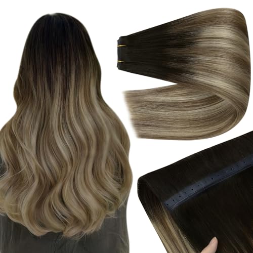 Image of YoungSee Butterfly Weft Hair Extensions, 80g 16 Inch Balayage Human Hair Butterfly Weft Extensions, Dark Brown Ombre Medium Brown with Blonde, Seamless PU Hole Weft Hair Extension for Women