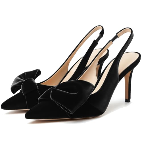 Image of Women's Slingback Heels with Bow Pointed Toe Pumps with Elasticated Strap 3.3 inch High Heels for Evening Dress Shoes