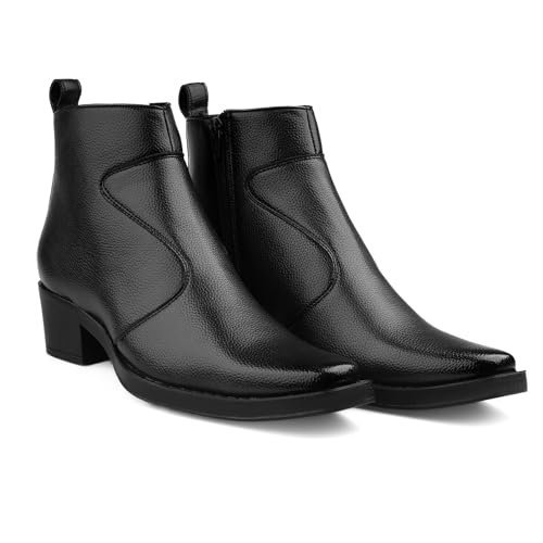 Image of BXXY Men's 5-6 Cm Block Heel Height Increasing Faux Leather Material, Casual Formal Slipon Ankle Boot and Dress Boot