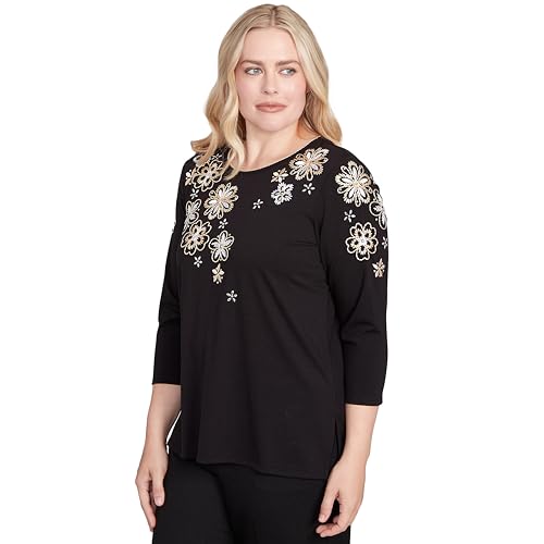Alfred Dunner Buisness Casual Black Top with Embroidered Floral Yoke2