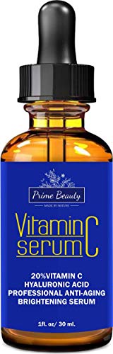 Prime Beauty Vitamin C Serum 20% for Face with Hyaluronic Acid & Vitamin E - Organic Skin Care with Natural Ingredients, Anti Wrinkle, Anti Aging Facial Serum - 1 fl oz