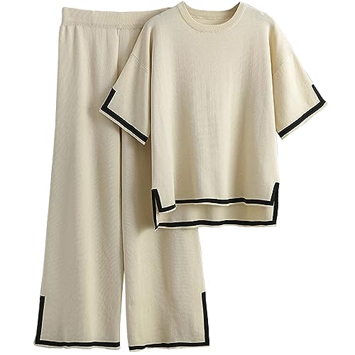 Women's Sweater Sets 2 Piece Tracksuits Outfits Short Sleeve Pullover Knit Tops Wide Leg Pants Lounge Set