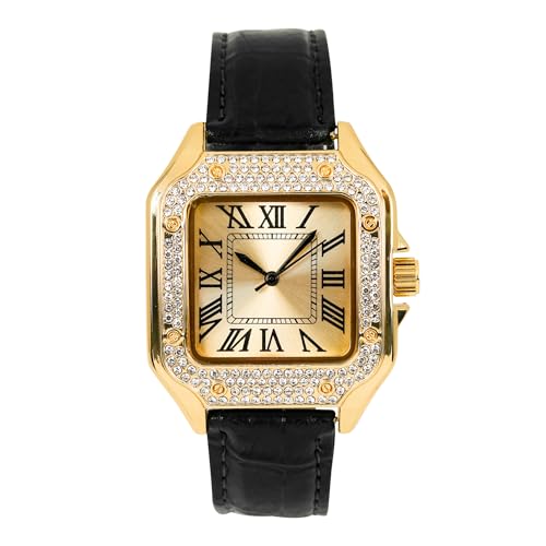 Montre carrée glacée dorée avec lunette en diamant et chiffres romains Techno Pave