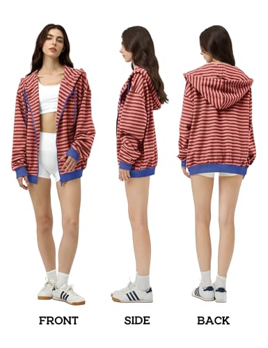 FAIABLE Striped Zip Up Hoodie Women Oversized Sweatshirt Hoodies Zipper Sweaters Pullover Cotton Vintage Preppy Shirt Outfits