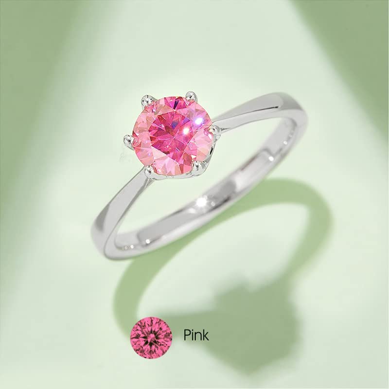 Promise Ring White/Pink/Yellow/Green/Black/Blue Moissanite Rings 6 Prong 8K White Gold Plated 925 Sterling Silver Ring 1.0Ct Solitaire Moissanite Engagement Rings for Women Wedding (Size 5-10)2