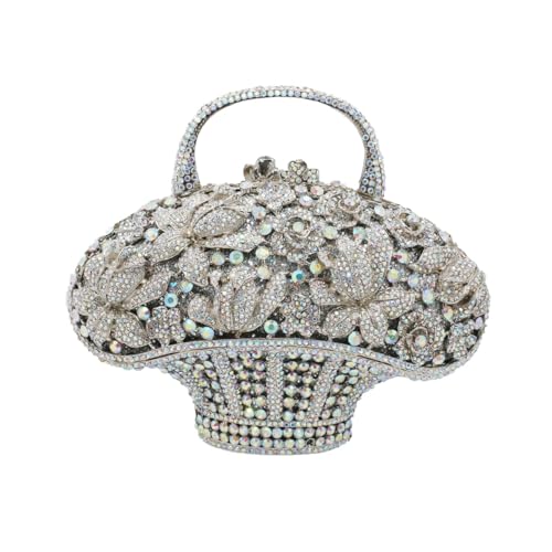 DJBM Vintage Women Flower Basket Crystal Evening Clutch Diamond Floral Handbag Rhinestone Evening Bag for Wedding Party Prom, Silver