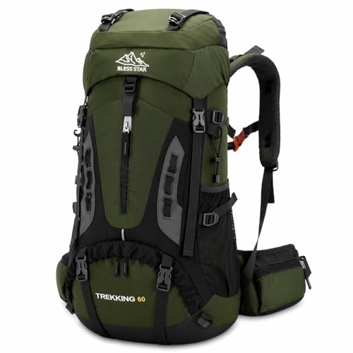 Bless Star Mochila de Trekking 60 Litros, para Camping, Trilha e Viagem, com Capa de Chuva, Masculina e Feminina (Verde)