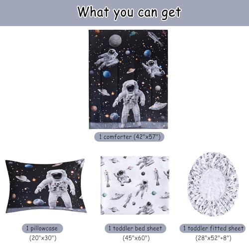 Image of lasoftan Toddler Bedding Set, 4 Piece Bed-in-a-Bag Toddler Bed Comforter Sets for Girls, Toddler Bed Set, Astronaut Printed, Machine Washable