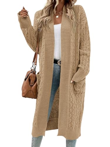 Image of Onedreamer Womens Long Cardigan Sweaters Open Front Cable Knit with Pockets