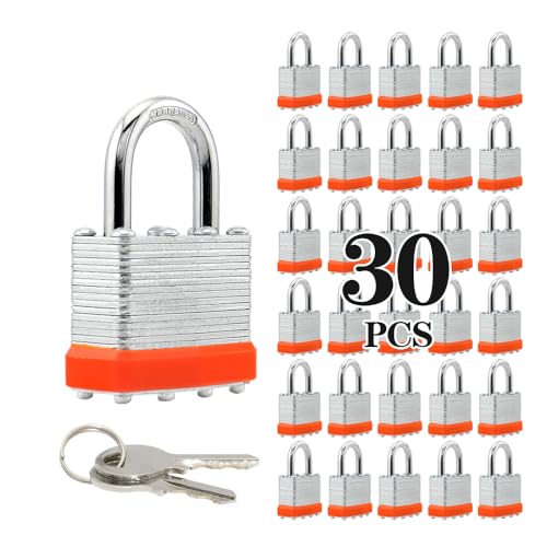 Image of Laminated Steel Keyed Padlocks, 30 Pack, Keyed Alike, Normal Shackle, 1-9 /16 inch (40mm),Orange Hoop, for Hasp Latch, Sheds, Fences, Storage Locker, Gym