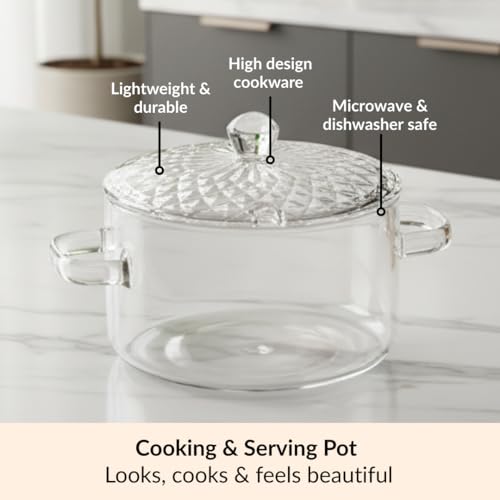 Image of Nestasia Borosilicate Glass Cooking Pot on Gas Stove (1800 ml) - Fluted Casserole with Embossed Glass Lid | Microwave & Dishwasher Safe Durable Handi for Kitchen