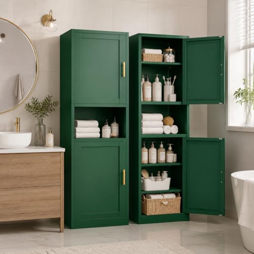 Image of Tall Narrow Pantry Cabinet for Kitchen, 67 inch H Metal Storage Cabinets with Doors and 3 Adjustable Shelves for Dining Room, Living Room and Home Office (20 inches Wide Green)