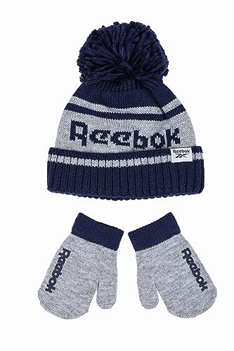 Reebok 2-Piece Toddler Winter Hat and Gripped Mittens - Warm Knitted Pom Beanie & Anti-Slip Gloves - Unisex Cold Weather Accessories, Grey/2T-4T
