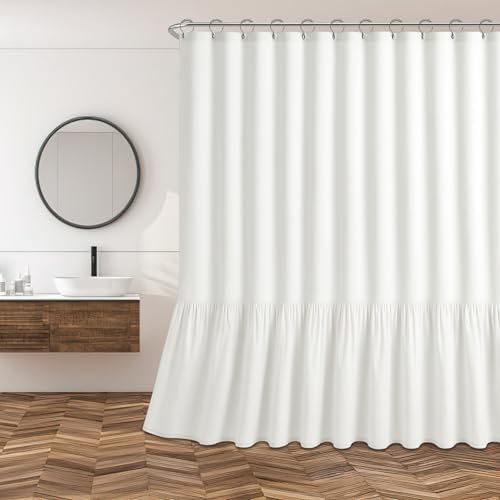 KDXBQ Farmhouse Shower Curtain, White Ruffle Linen Textured Boho Shower Curtain for Bathroom, 183W x 244L cm