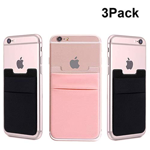 Ama Forest Cell Phone Card Wallet, 3Pack Ultra Slim Silicone 3M Self Adhesive Stick on Wallet for ID Credit Card Phone Sleeves Pocket for iPhone Android Samsung Galaxy Black+ Pink (Pink)