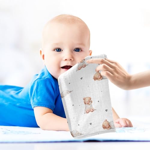 Image of vvfelixl Baby Washcloths Cotton Cute Sleeping Teddy Bears Baby Muslin Washcloths Soft Baby Face Towel for Newborn Infants Baby Wipes, 11.8 X 11.8 inch, one sizex3