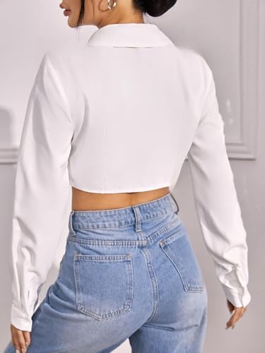 Image of GRECIILOOKS Women`s Oversized Fit Crop Top Shirt | Casual Long Sleev Stylish Collared Shirts for Womens | Comfortable Rich Korean Button Down | Formal Look Stylish Trendy Shirts
