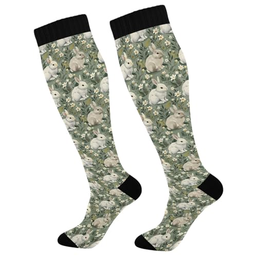 ALAZA Flower Rabbit Leaf Blossom Compression Socks for Women Men Circulation Long Socks Running Athletic Cycling 1 pair