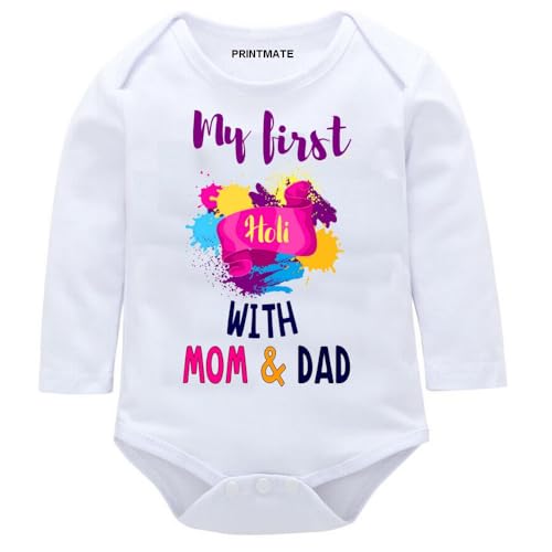 Image of Printmate Cotton My First Holi Dress White Full Sleeve Romper | Bodysuit For Baby And Toddlers -D100