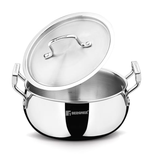 Image of Bergner TriPro Triply Stainless Steel 20cm (3.1L) Belly Shape Casserole /Biryani Handi with Stainless Steel Lid, Consumes Less Oil, Healthy Cooking, Even Heating - Induction and Gas Stove Ready