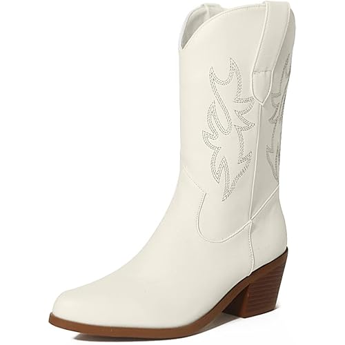 CELNEPHO Cowboy Cowgirl Boots For Women Fashion Retro Embroidered Mid Block Chunky Heel Pointed Toe Pull On Mid Calf Western Boots