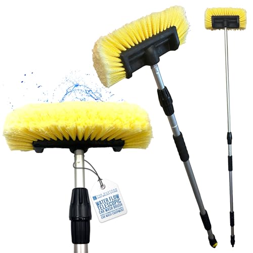 Water Flow Car Wash Brush Long Handle - 2 Section Telescopic Pole - 191 cm Extendable Soft Bristle Brush - Car Cleaning Kit with Built-In Hose Attachment for Cars Vans Lorries and Caravans