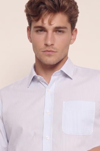 Image of Peter England Men's Regular Fit Full Sleeve Striped Formal Shirt | Cotton Rich | Wonder Fabric | Premium Dobby Weave