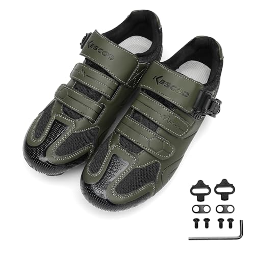 Image of KESCOO Mens Mountain Bike Shoes with 2-Bolts SPD Cleats Included, Cycling Shoes with Quick Ratchet Buckle Indoor Outdoor Riding Biking