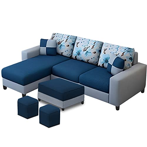 Image of Orland 4 Seater LHS L Shape Sofa with Center Table & 2 Puffy | Color - (Blue Grey Fabric)