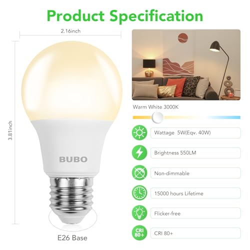 Image of BUBO A19 LED Light Bulbs, 40 Watt Equivalent LED Bulbs, Warm White 3000K, 550 Lumens, E26 Standard Base, Non-Dimmable, 5W Warm White LED Bulbs for Bedroom Living Room Home Office, 36 Pack