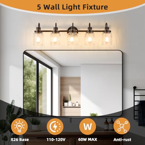 Image of 5 Lights Hammered Glass Bathroom Vanity Light, Oil Rubbed Bronze | Easy Installation,Up or Down,Farmhouse Modern Style,E26 Socket,ETL Certification