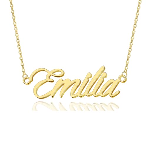 AOLO Emilia Name Necklace for Women 18k Gold Plated Stainless Steel - Personalized Nameplate Jewelry Birthday Gift for Mom Adjustable Chain 16-18 Inch