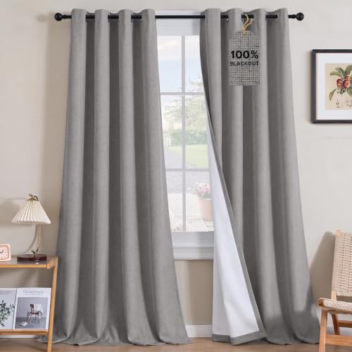 H.VERSAILTEX 100% Blackout Linen Curtains 120" L 2 Panels Heathered Dove