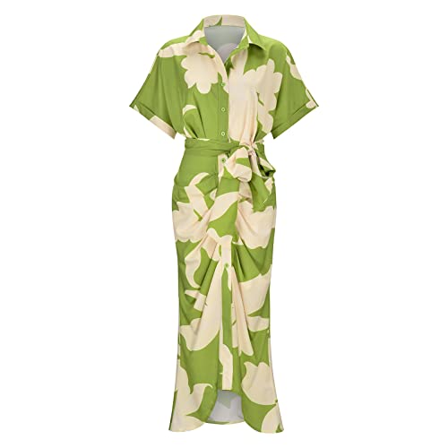 Vestido camisero elegante de manga corta con estampado floral y cuello levantado para mujer 3