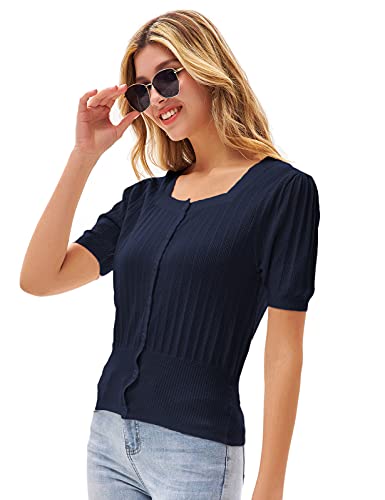 Soft Knit Sweaters For Women Short Sleeve Lace Shrugs Bolero Cardigans Button Down Blouse Navy Blue Xl #TOP1