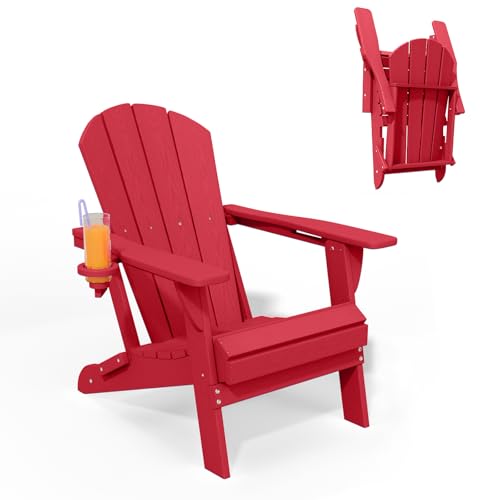 Patio Kingdom Folding Adirondack Chair with Cup Holders, HDPE Plastic Outdoor Chairs, Weather Resistant, Real Wood Look for Patio, Deck, Fire Pit, Backyard, Red