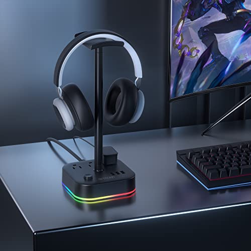 Trond Headphone Stand With Usb Charger, Headset Stand With 3 Usb Charging Ports And 3 Power Outlets, 5Ft Extension Cord Rgb Headphone Holder With 5 Light Modes, For Desk Accessories, Gamer Gifts #TOP6